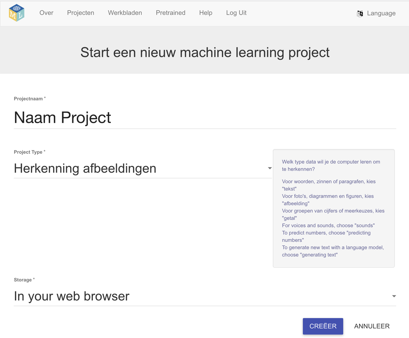 Nieuw project aanmaken
